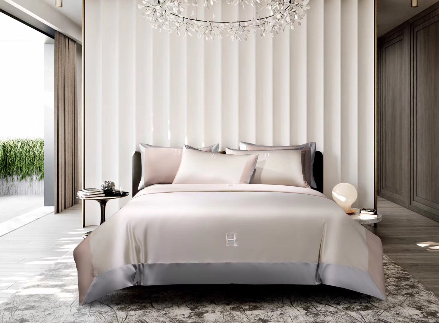 Light Luxury Solid Color 60 Long-Staple Cotton Letter Embroidery Four-Piece Set