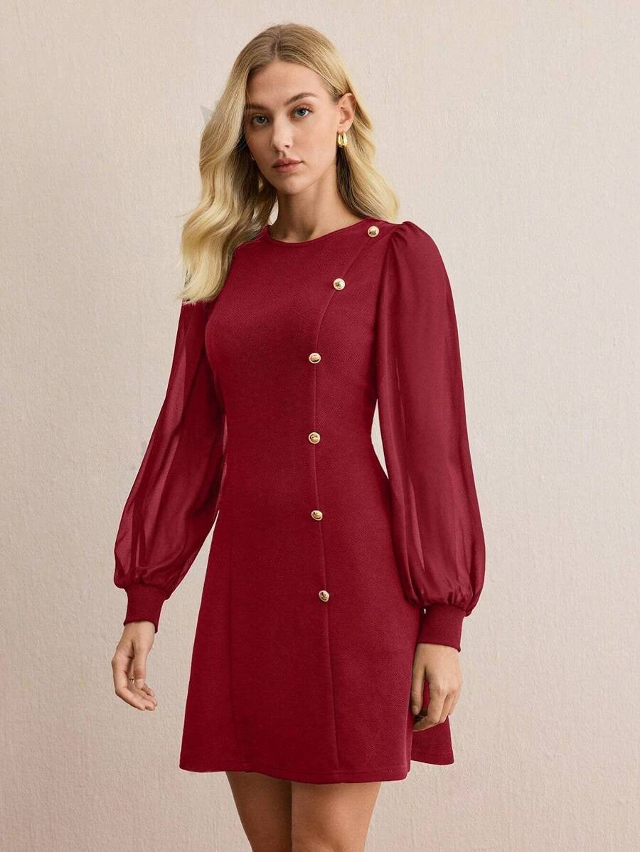 Women's Round Neck Clinch Slim Long Sleeve Solid Color Dress