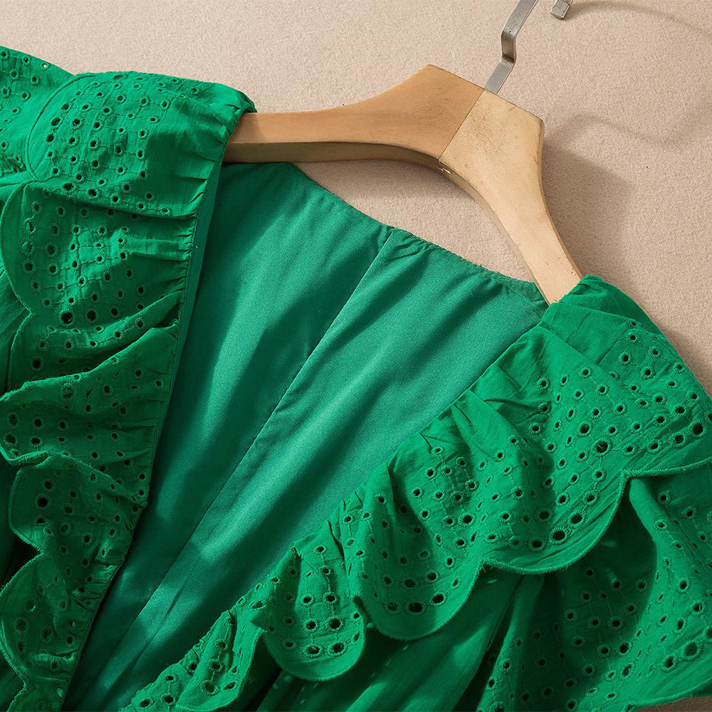 V-neck Stitching Cutout Embroidered Waist-length Dress