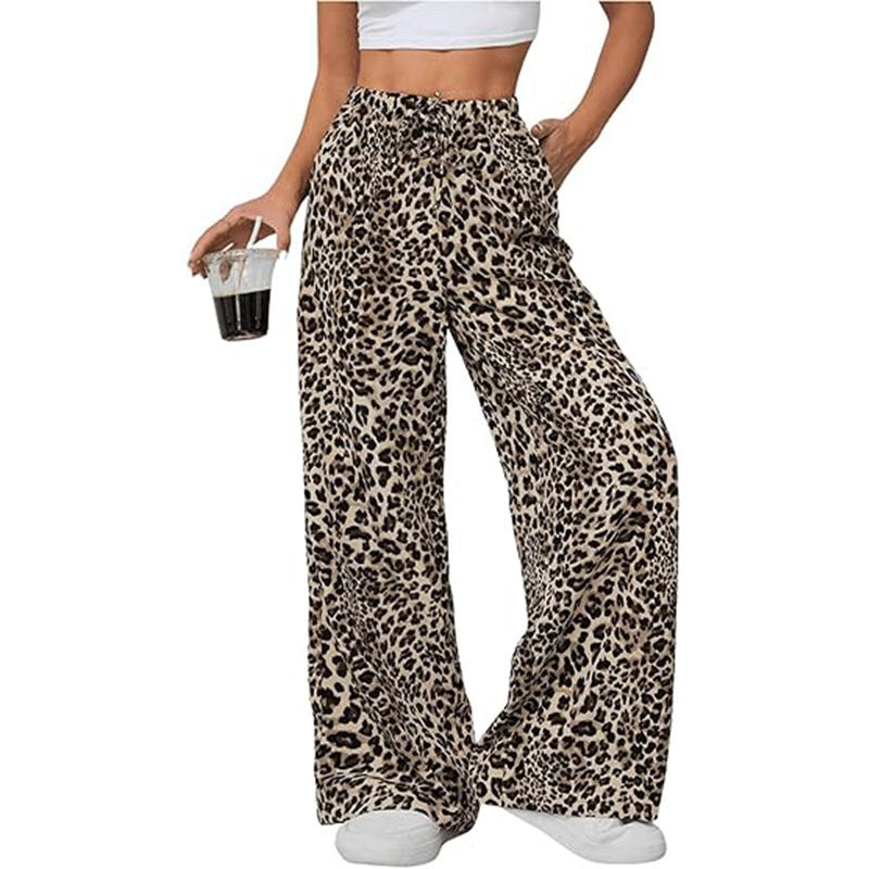Women's Casual Leopard Print High Waisted Wide-Leg Pants Elegant Drawstring Loose Long Trousers