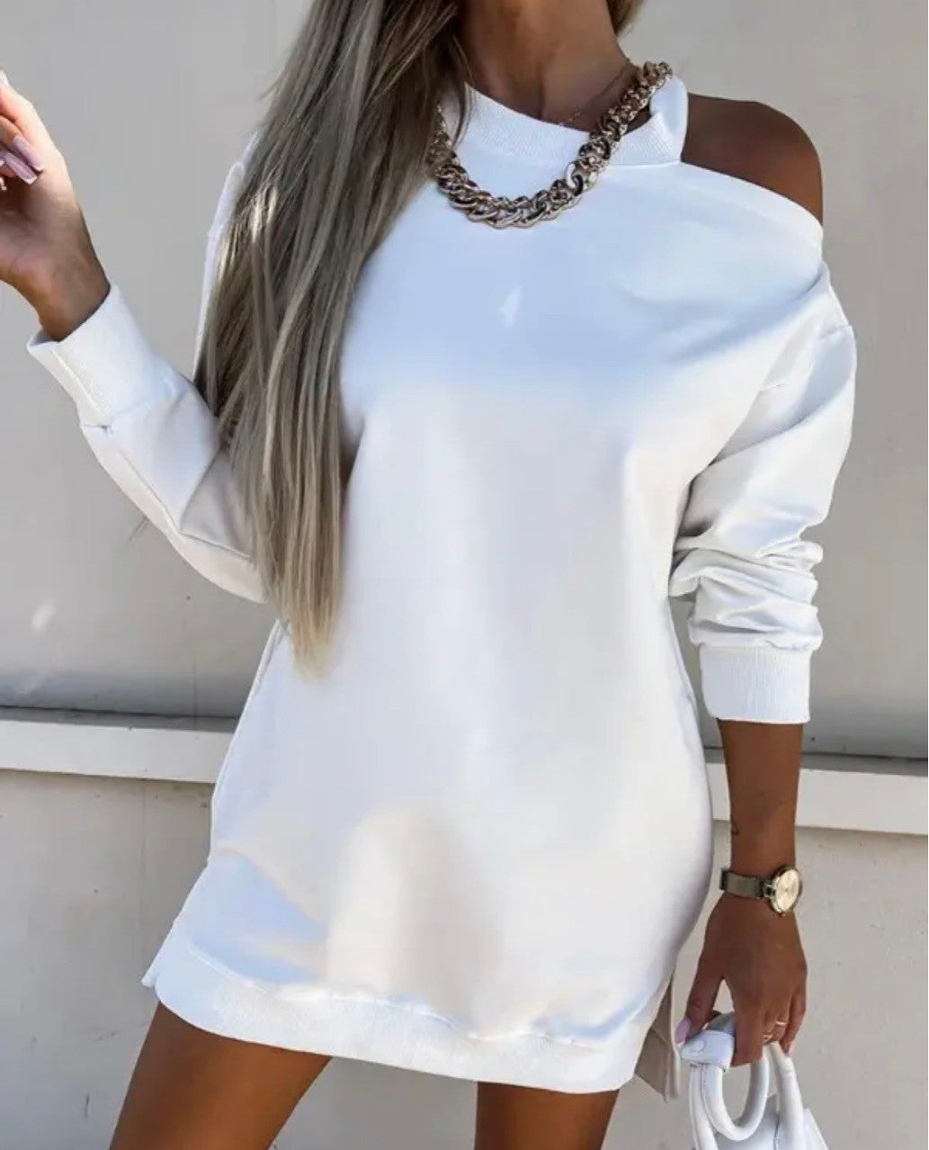 Women's Elegant Round Neck Off Shoulder Printed Long Sleeve Dress