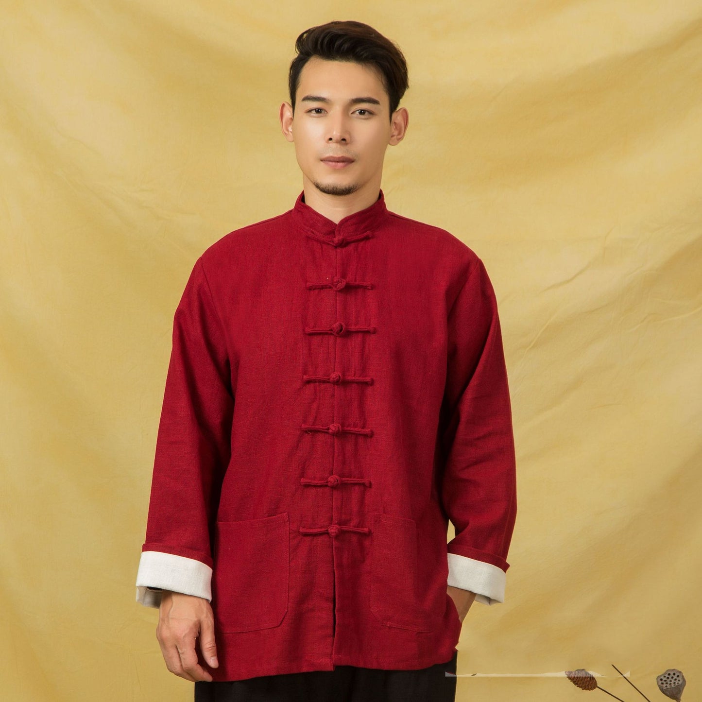 Chinese style cotton and linen buckle long sleeve shirt