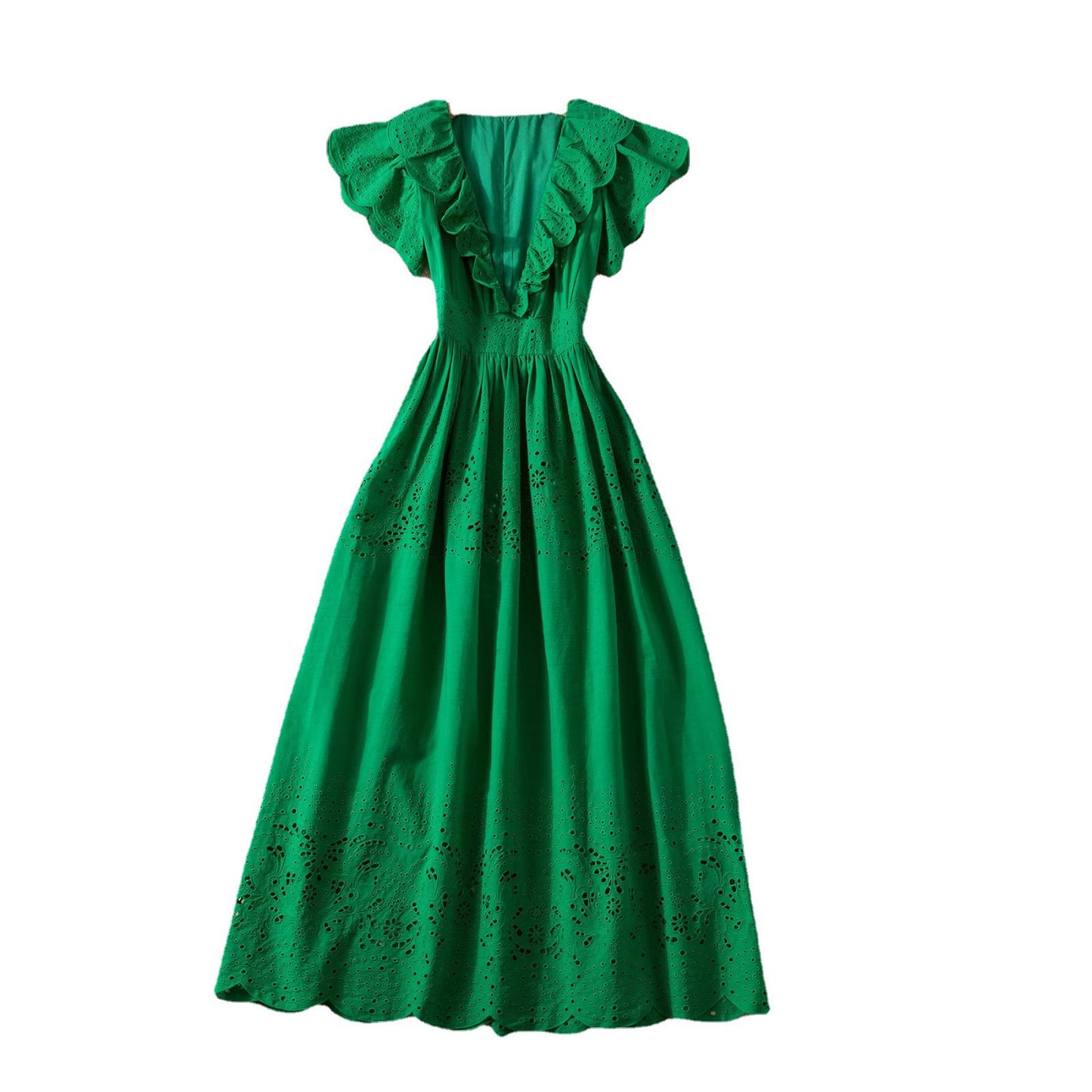 V-neck Stitching Cutout Embroidered Waist-length Dress