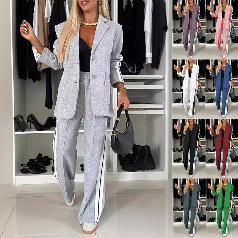 Women's Casual Suit Lapel Single-breasted Jacket And Striped Straight Pants Fashion Sports Trousers Suit Outerwear's Clothing