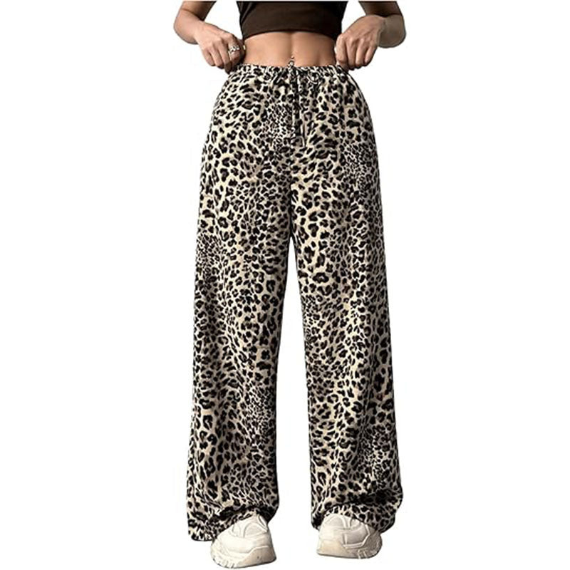 Women's Casual Leopard Print High Waisted Wide-Leg Pants Elegant Drawstring Loose Long Trousers
