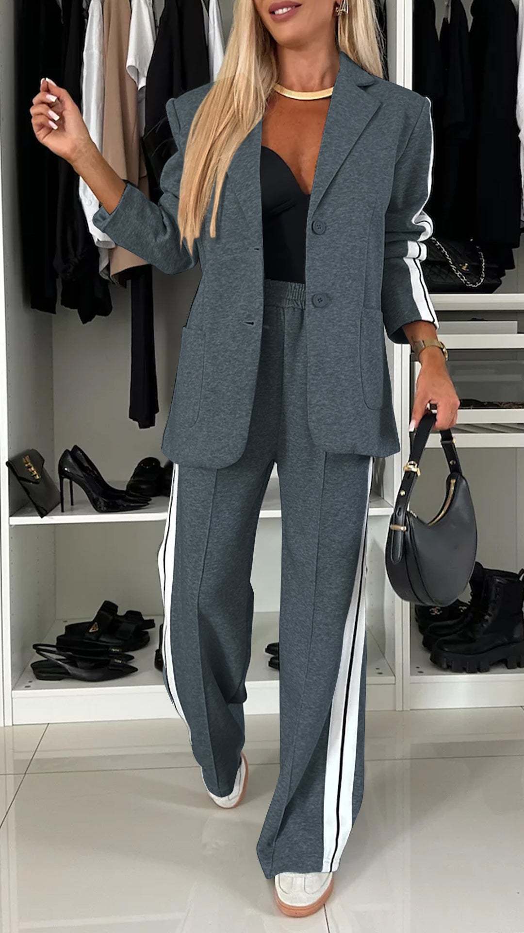 Women's Casual Suit Lapel Single-breasted Jacket And Striped Straight Pants Fashion Sports Trousers Suit Outerwear's Clothing
