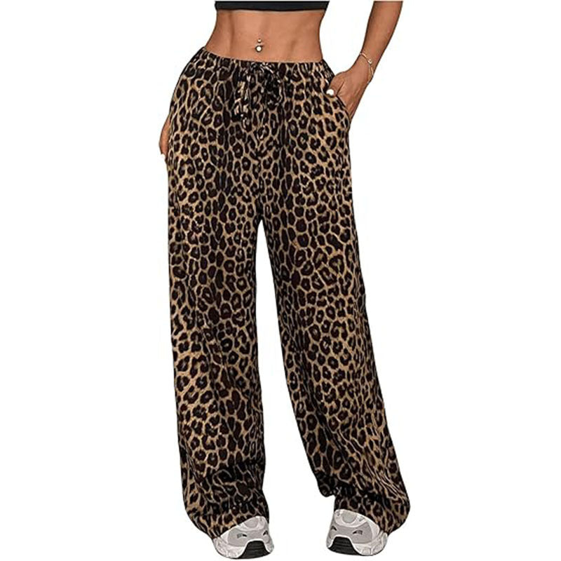 Women's Casual Leopard Print High Waisted Wide-Leg Pants Elegant Drawstring Loose Long Trousers