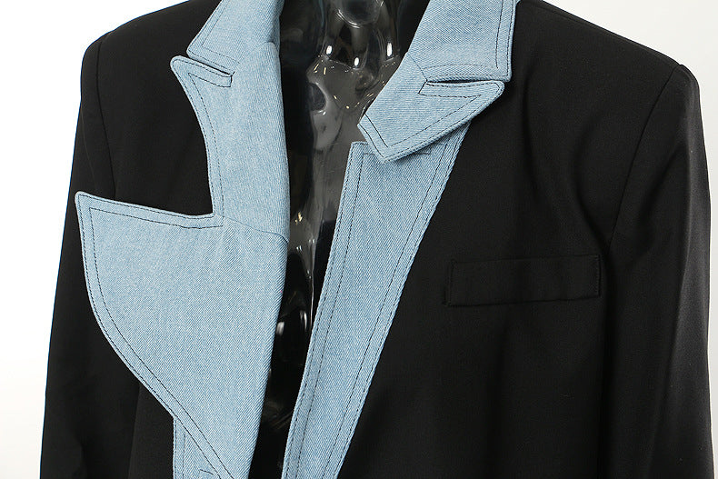 Autumn New Denim Stitching Asymmetric Suit Jacket