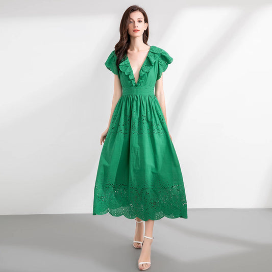 V-neck Stitching Cutout Embroidered Waist-length Dress