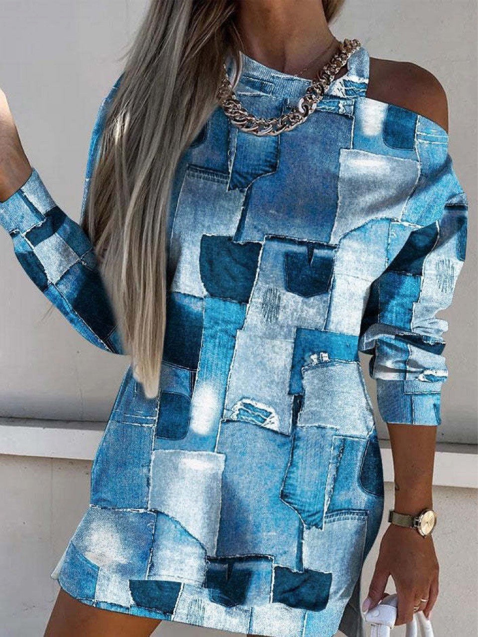 Women's Elegant Round Neck Off Shoulder Printed Long Sleeve Dress