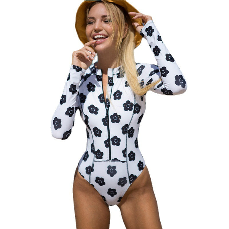 Women's Long Sleeve Printed Sun Protection One Piece Swimsuit