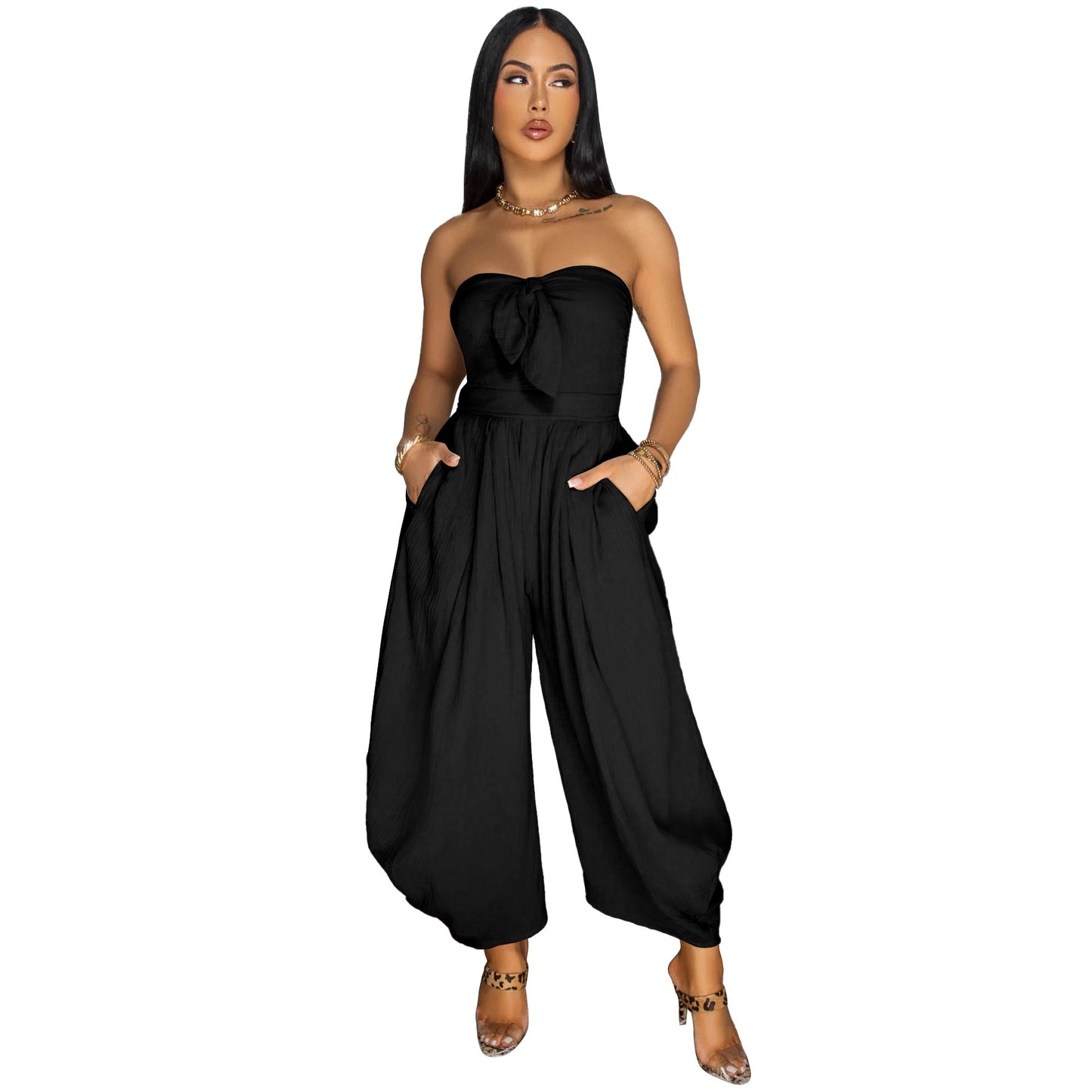 Women's Chest Wrap Collar Solid Color Jumpsuit