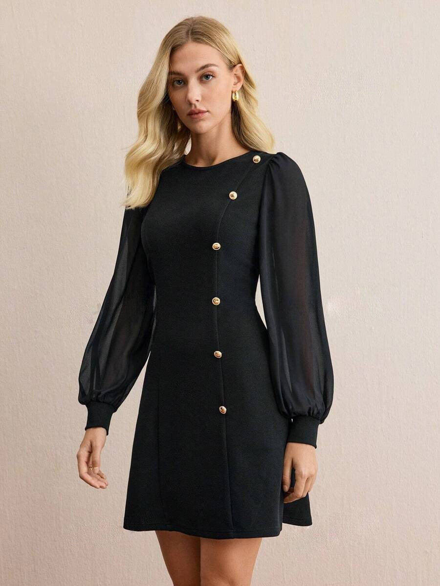 Women's Round Neck Clinch Slim Long Sleeve Solid Color Dress