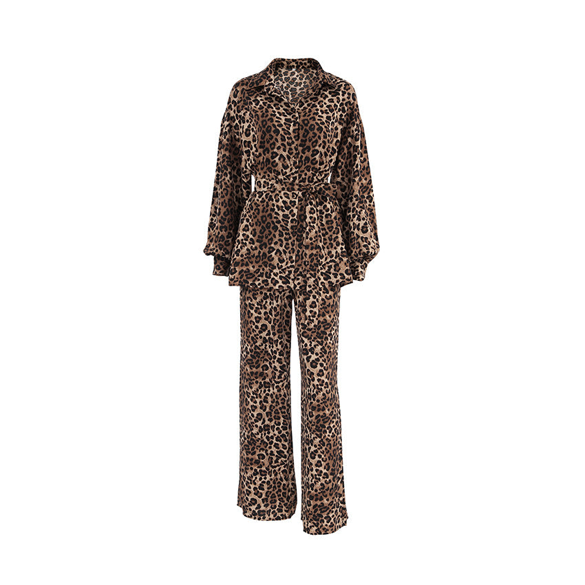 Fashion Leopard-print Long-sleeved Shirt Trousers Two-piece Set