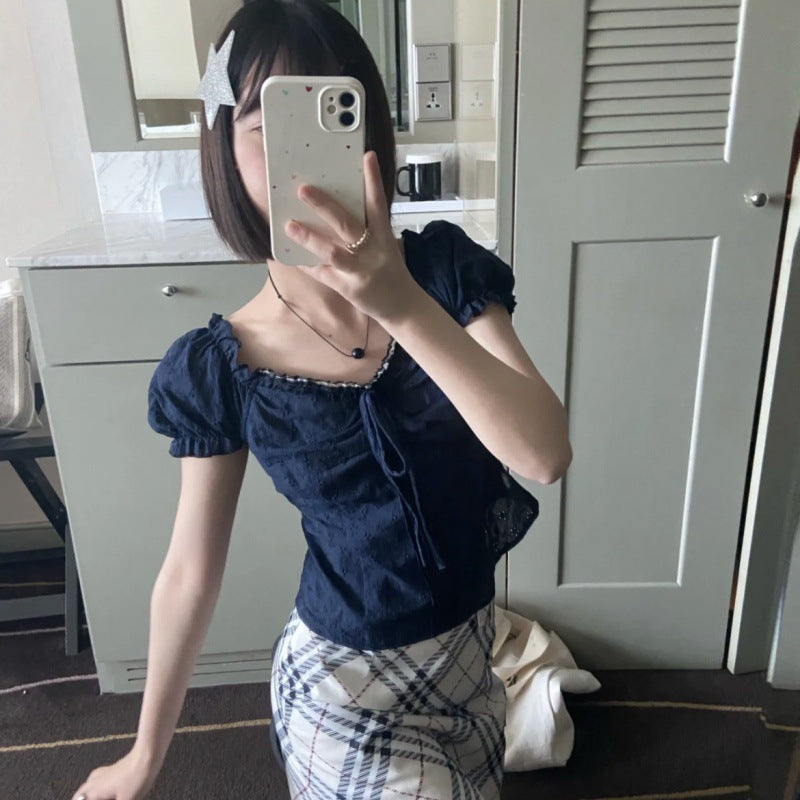 V-neck Lace Puff Sleeve Niche Shirt Short Sleeve