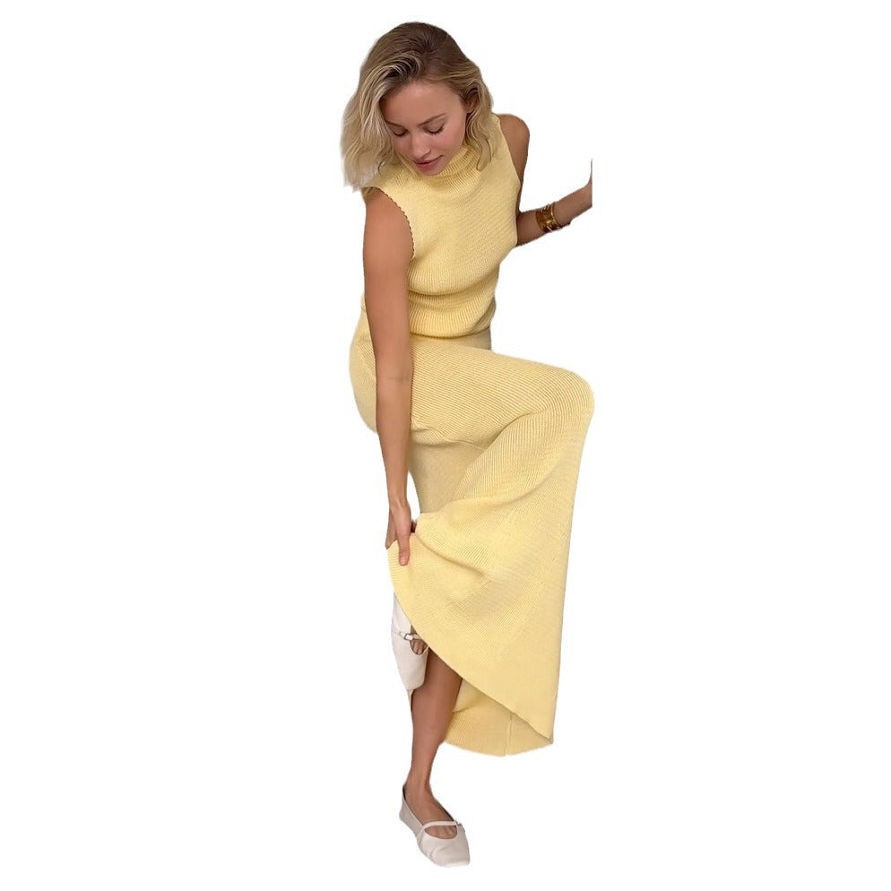 French Sleeveless Turtleneck Cotton Wool Top Gentle Elegant Low Waist Skirt Suit