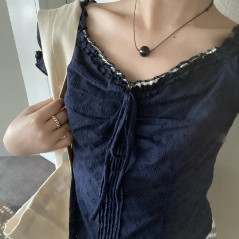 V-neck Lace Puff Sleeve Niche Shirt Short Sleeve