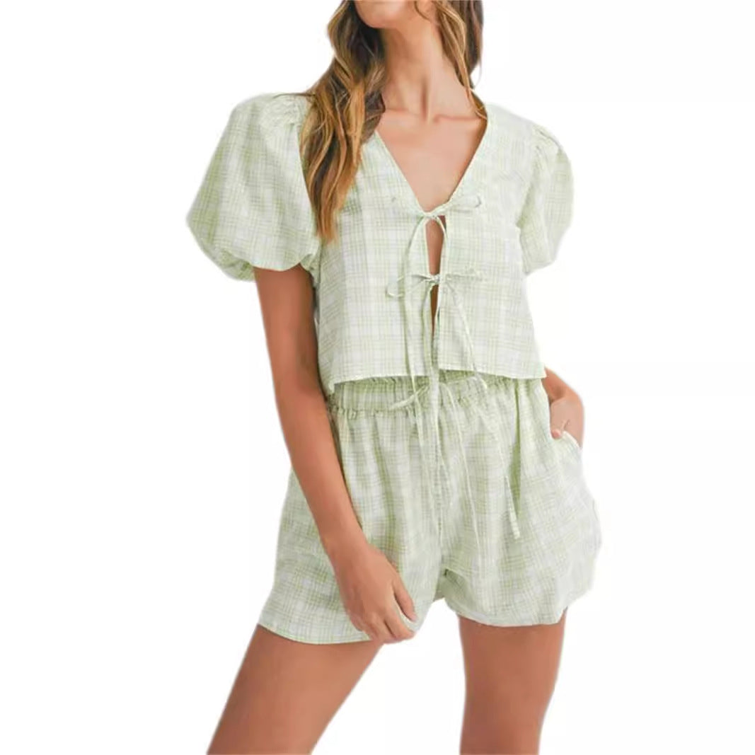 Temperament V-neck Lace-up Bow Puff Sleeve Top Casual Shorts Plaid Two-piece Set
