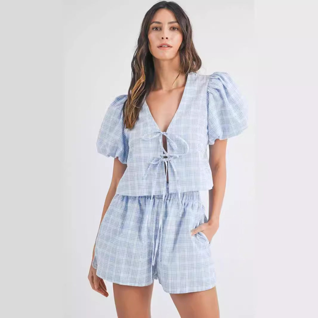 Temperament V-neck Lace-up Bow Puff Sleeve Top Casual Shorts Plaid Two-piece Set