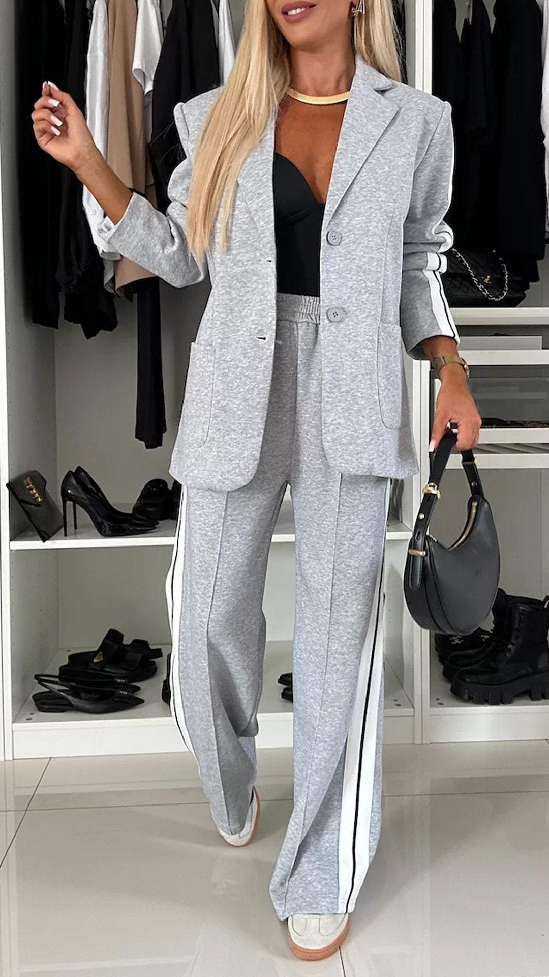 Women's Casual Suit Lapel Single-breasted Jacket And Striped Straight Pants Fashion Sports Trousers Suit Outerwear's Clothing