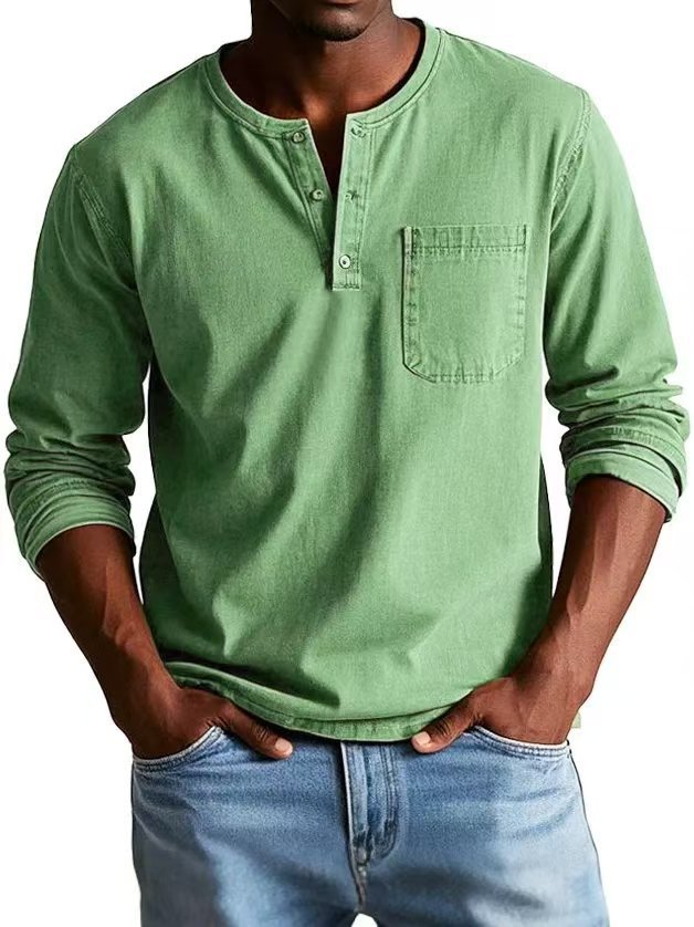 V-neck Long-sleeved T-shirt With Button Design Fashion Casual Solid Color Pullover Top Men's Clothing