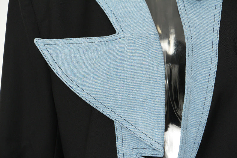 Autumn New Denim Stitching Asymmetric Suit Jacket
