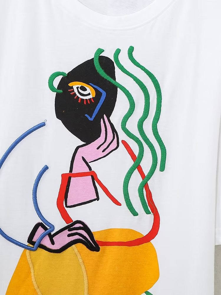 Women's Printing Color Contrast Round Neck Short Sleeve T-shirt