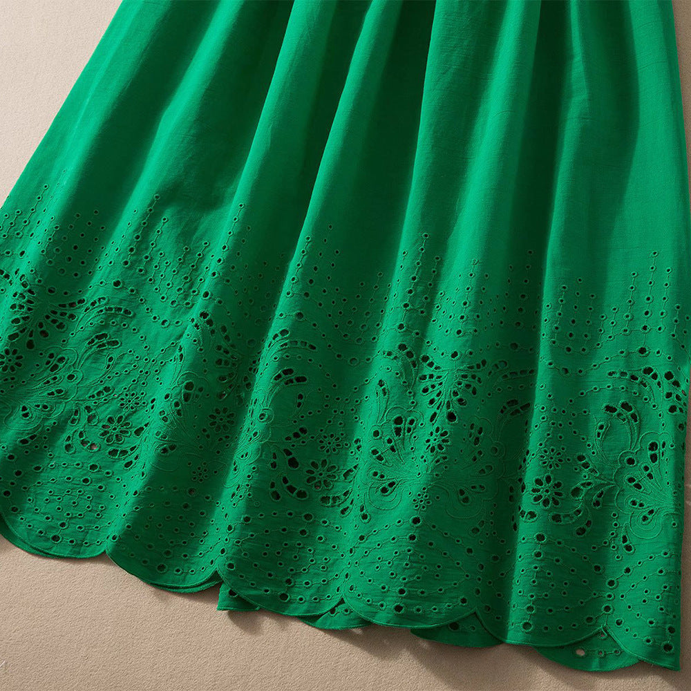 V-neck Stitching Cutout Embroidered Waist-length Dress