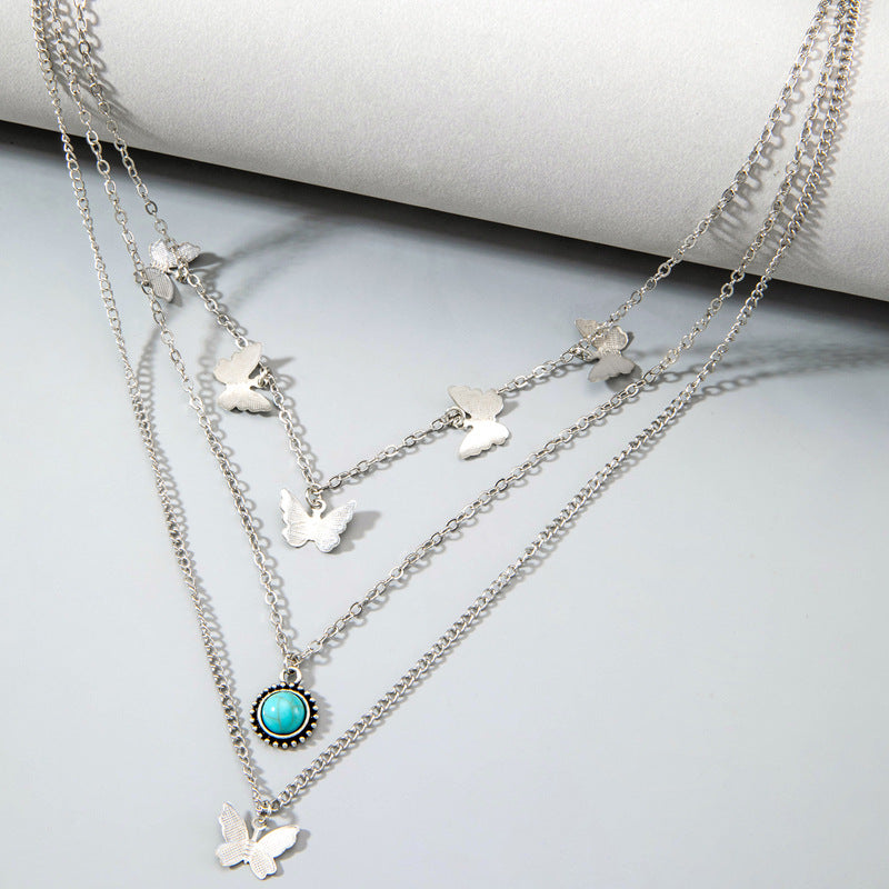 Ornament Retro Ethnic Style Simple Alloy Tassel Butterfly Inlaid Turquoise Multi-layer Necklace For Women