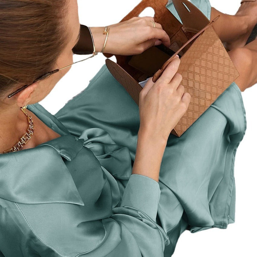 French Satin Suit Collar Top High Waist Fishtail Skirt Two-piece Suit