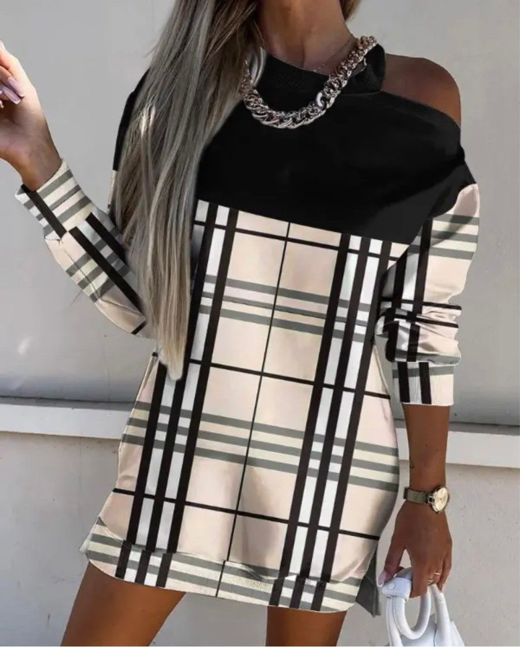Women's Elegant Round Neck Off Shoulder Printed Long Sleeve Dress