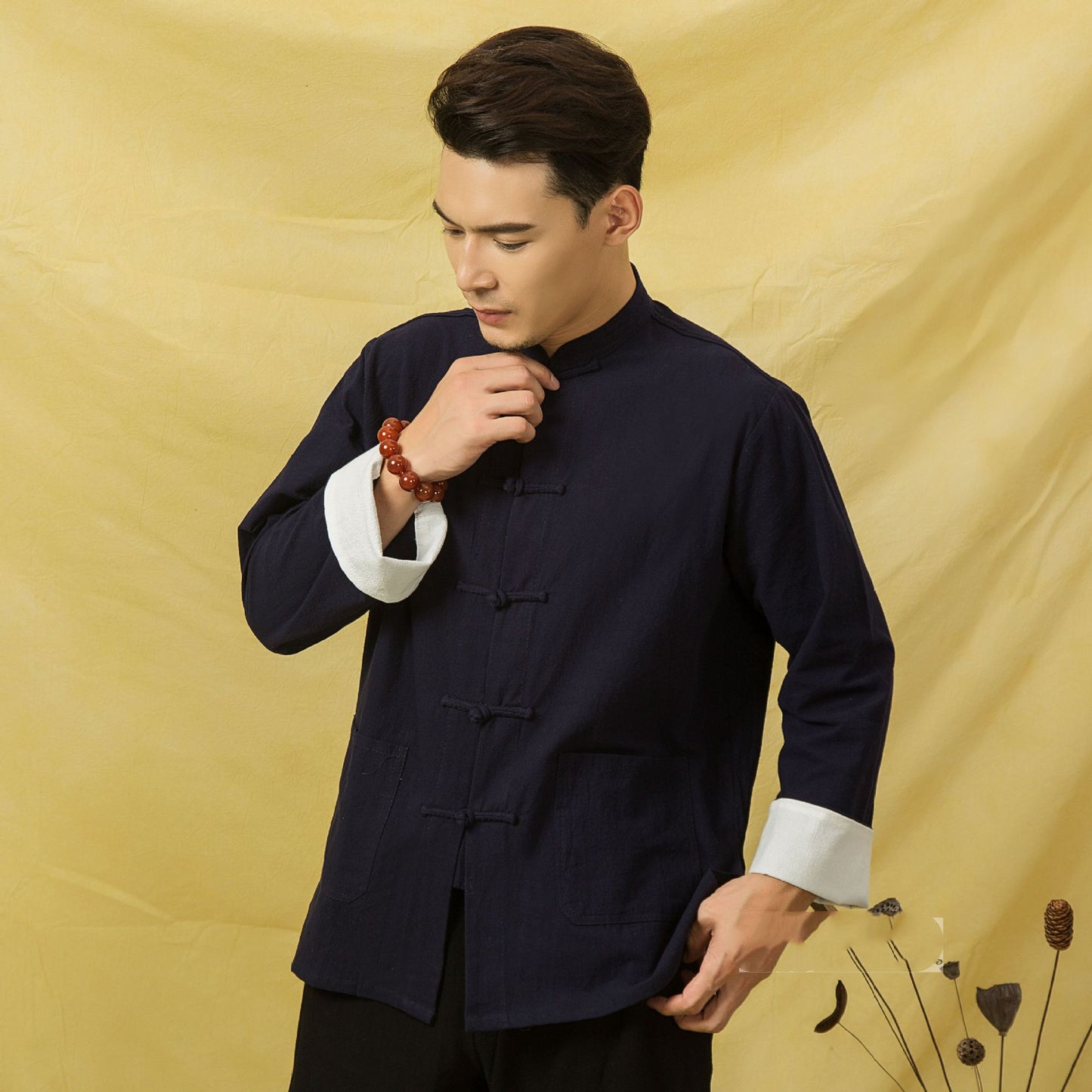 Chinese style cotton and linen buckle long sleeve shirt