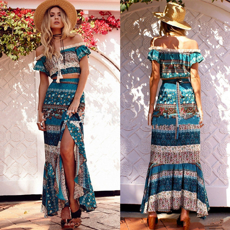 European And American Bohemian One-Shoulder Two-Piece Long Skirt