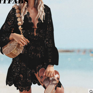 Sexy Resort Style Lace Long Sleeve V-Neck Dress