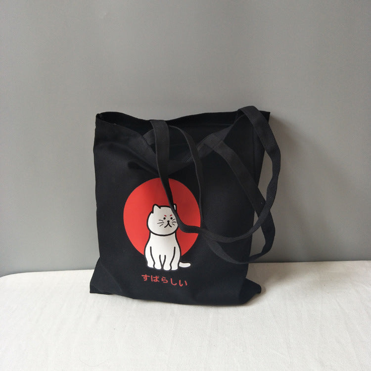 Large Women's Shopper Bag Canvas Tote Korean Shoulder Bags Cat Shopping Bag with Print Black Cloth Handbags Eco Friendly