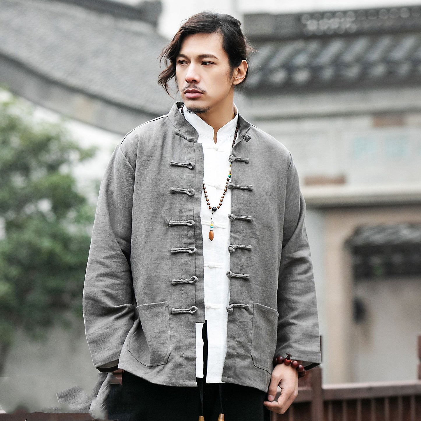 Chinese style cotton and linen buckle long sleeve shirt