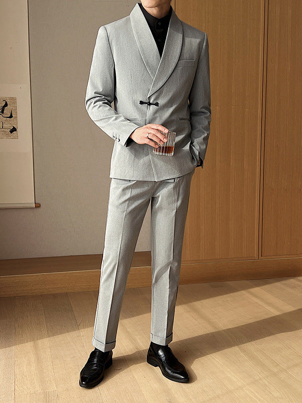 Men's Retro Solid Color Green Collar Suit Two-piece Set