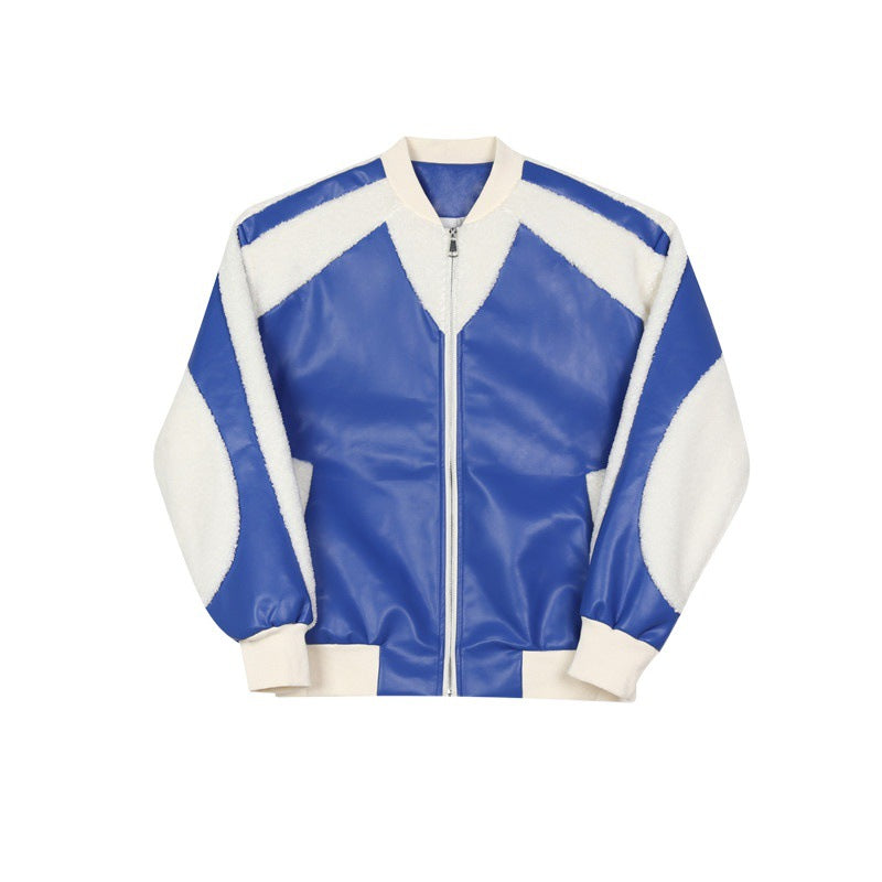 Men's Leather Contrast Color Lambswool Special Interest Design Jacket