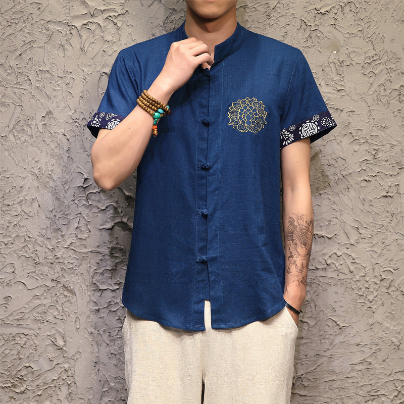 new men's cotton and linen short-sleeved shirt Buddha Chinese style linen shirt delicate embroidery buckle large size male