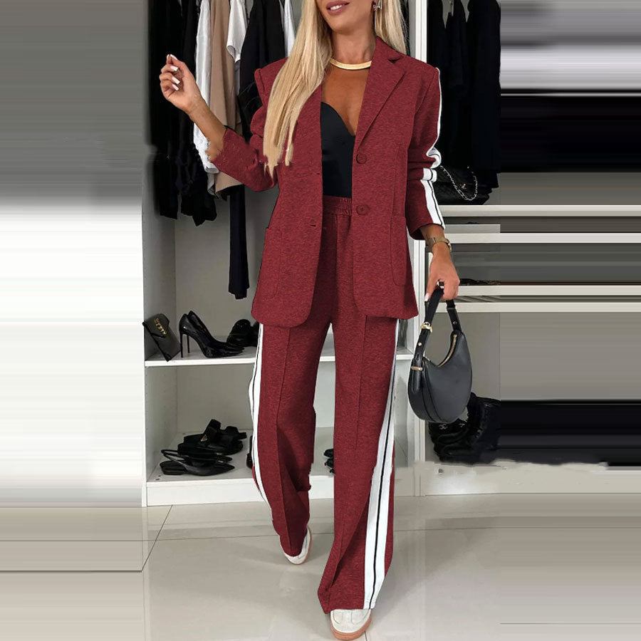 Women's Casual Suit Lapel Single-breasted Jacket And Striped Straight Pants Fashion Sports Trousers Suit Outerwear's Clothing