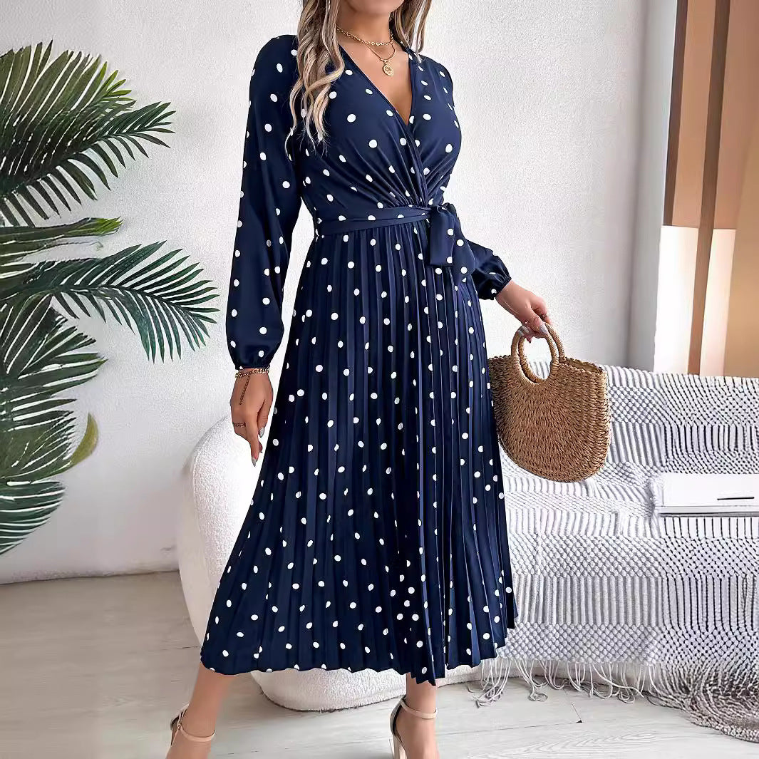 Spring Summer Elegant Long Dress Cross V-Neck Contrast Polka Dot Long Sleeve Pleated Bridesmaid Dresses