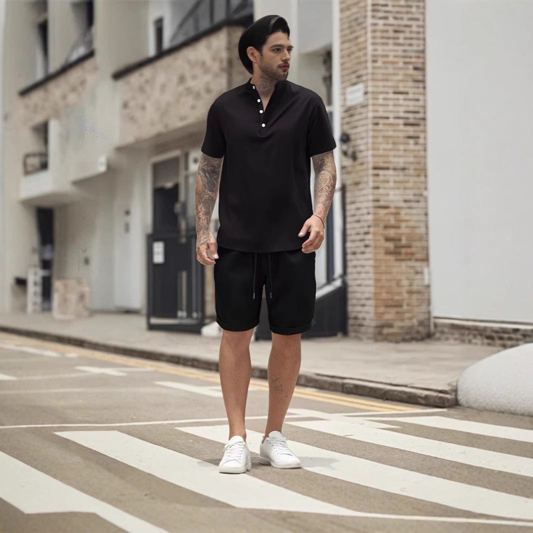Men's Short Sleeve T-shirt Henley Shirt Casual Loose Suit