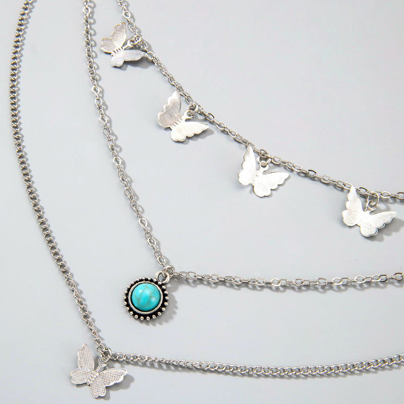 Ornament Retro Ethnic Style Simple Alloy Tassel Butterfly Inlaid Turquoise Multi-layer Necklace For Women