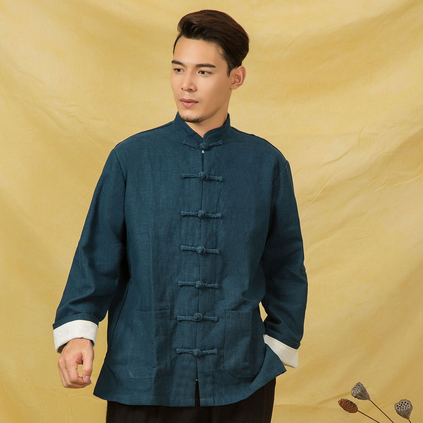 Chinese style cotton and linen buckle long sleeve shirt