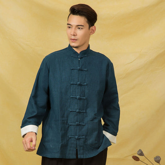 Chinese style cotton and linen buckle long sleeve shirt
