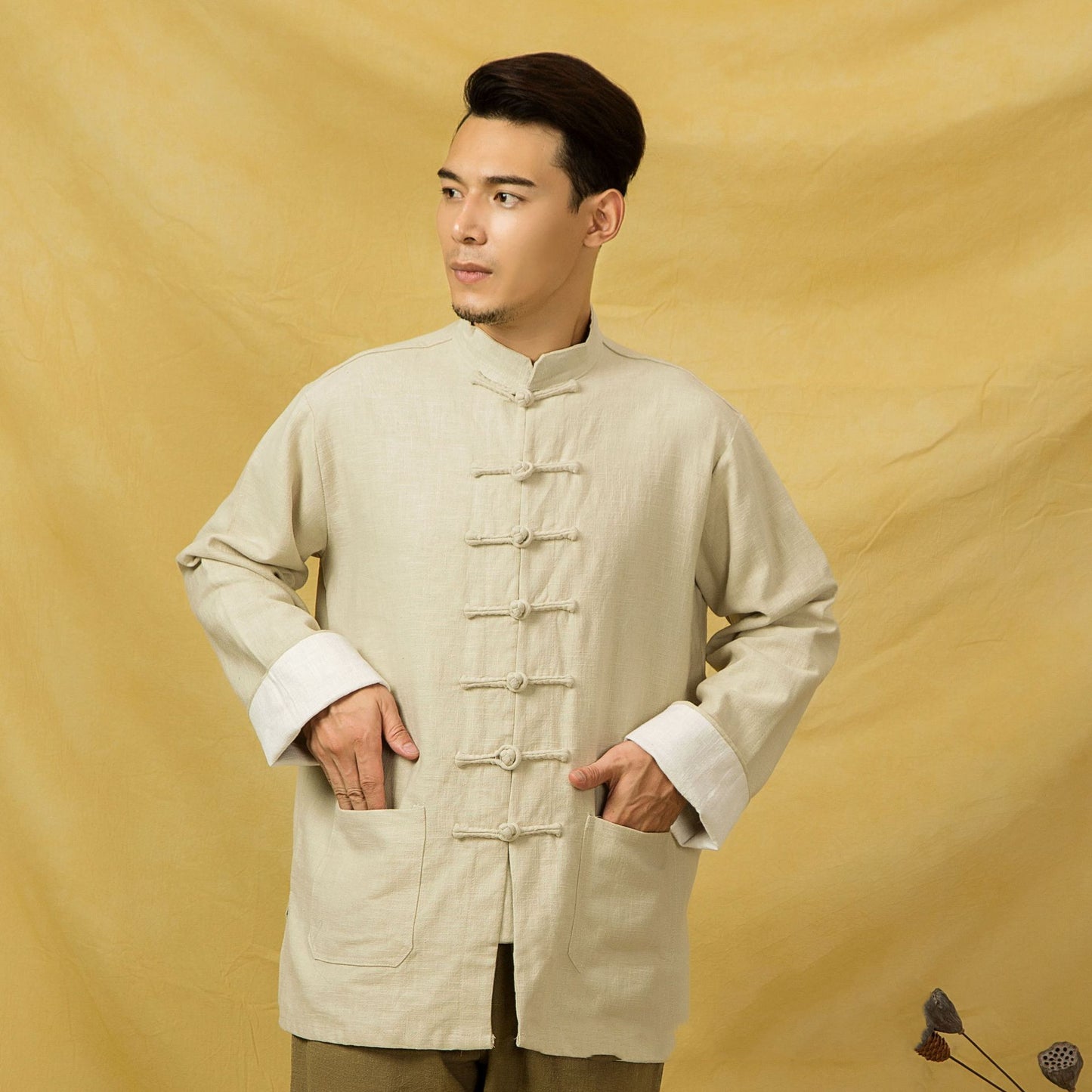 Chinese style cotton and linen buckle long sleeve shirt