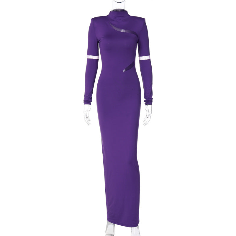 Women's Fashion Hollowed-out Slim-fit Turtleneck Solid Color Dress