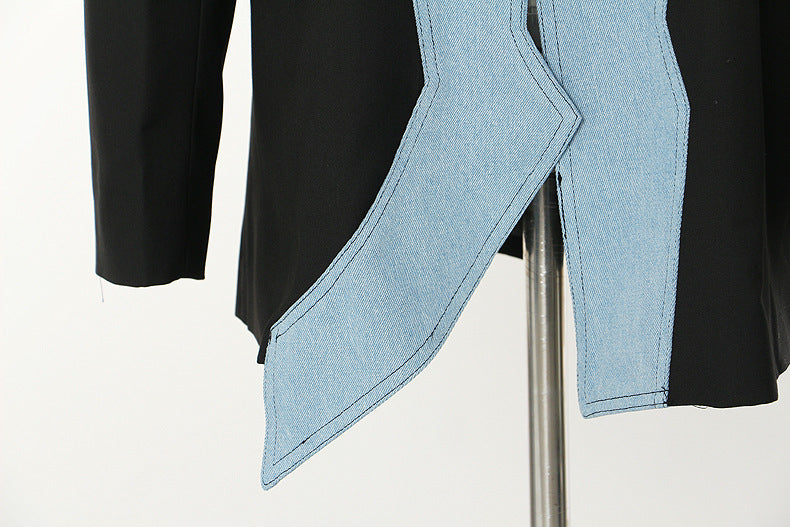 Autumn New Denim Stitching Asymmetric Suit Jacket