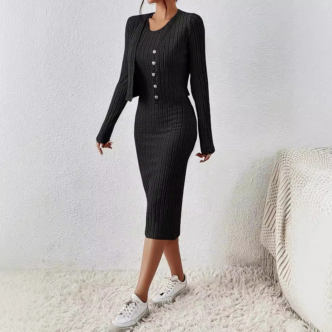 Front Button Cropped Top And Slim Fit Dress