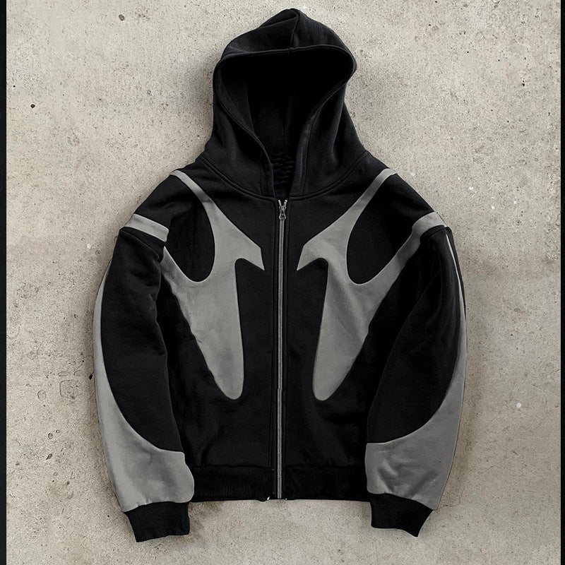 Pattern Stitching Trendy Hooded Cardigan Zipper Sweater